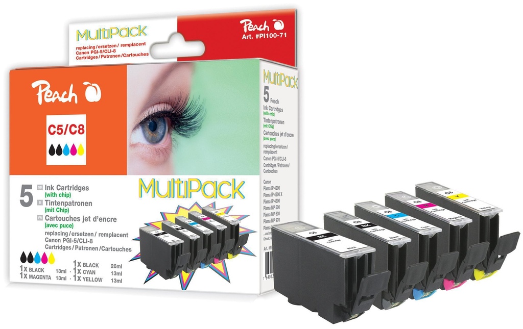 Peach Kits d’encre Canon PGI-5/CLI-8 BK, PBK, C, M, M, Y
