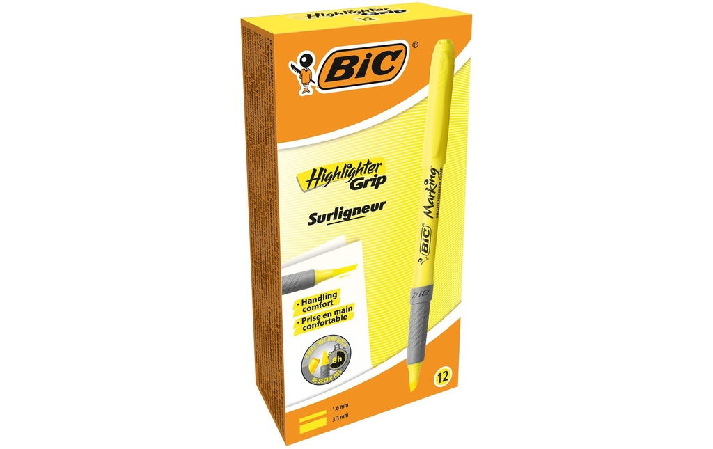 BIC Surligneur Brite Liner Grip 12 pièces, Jaune