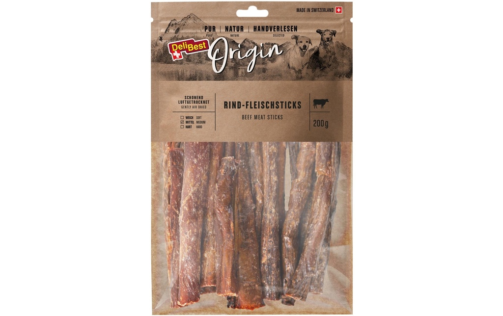 DeliBest Produit à mâcher  Origin Bâtonnets de viande de bœuf 200 g, viande suisse