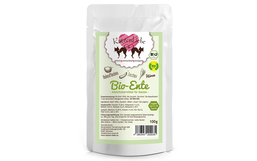 KatzenLiebe Alimentation humide Canard bio avec courgettes bio, 100 g
