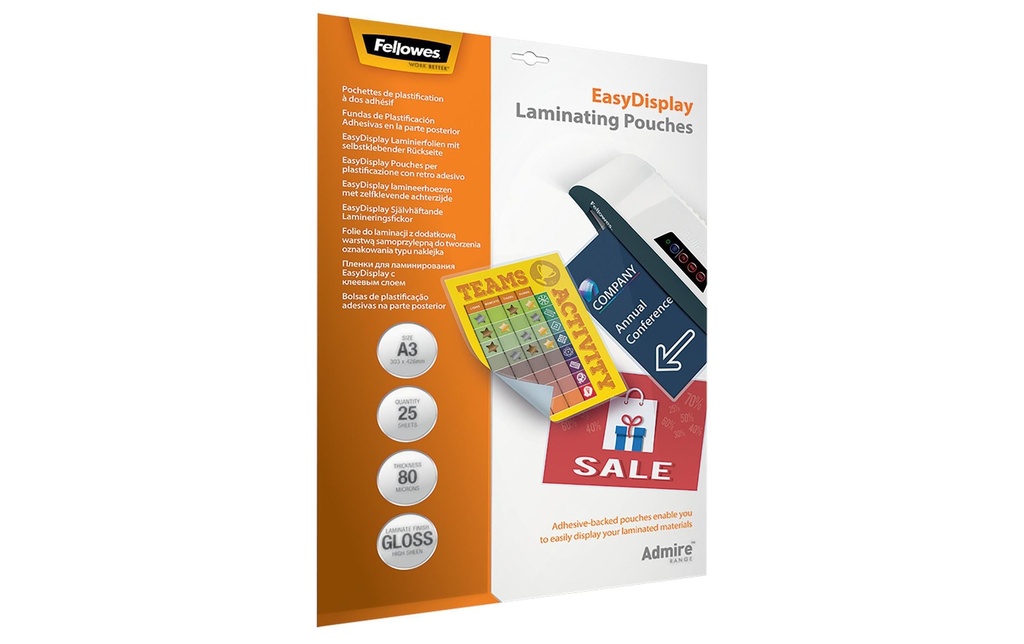 Fellowes Film laminé EasyDisplay 80 microns, 25 pièces
