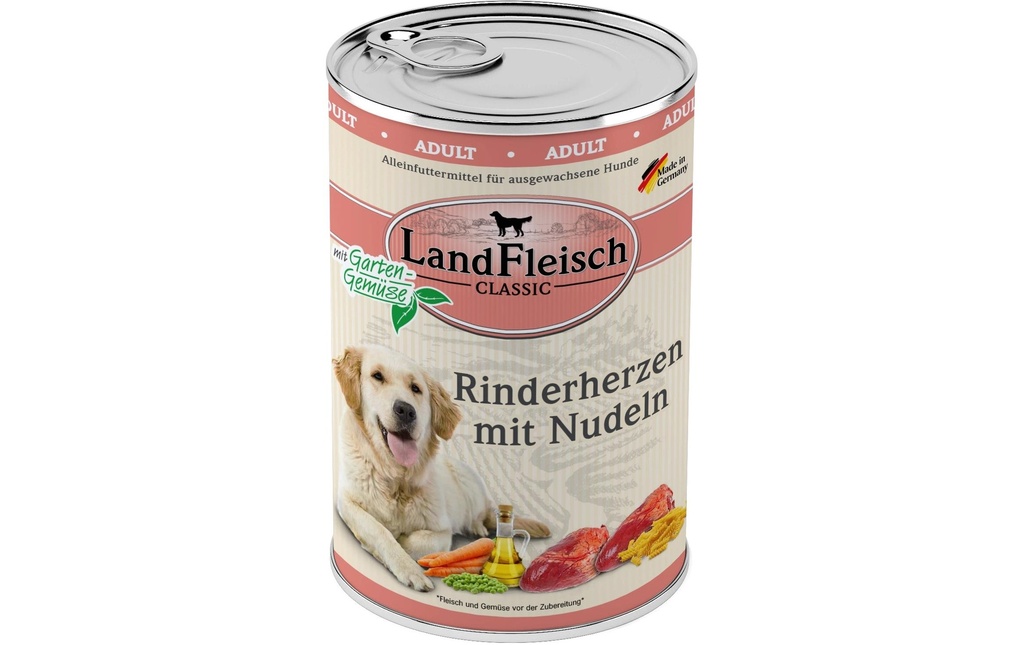 LandFleisch Alimentation humide Cœurs de bœuf classiques avec nouilles, 400 g