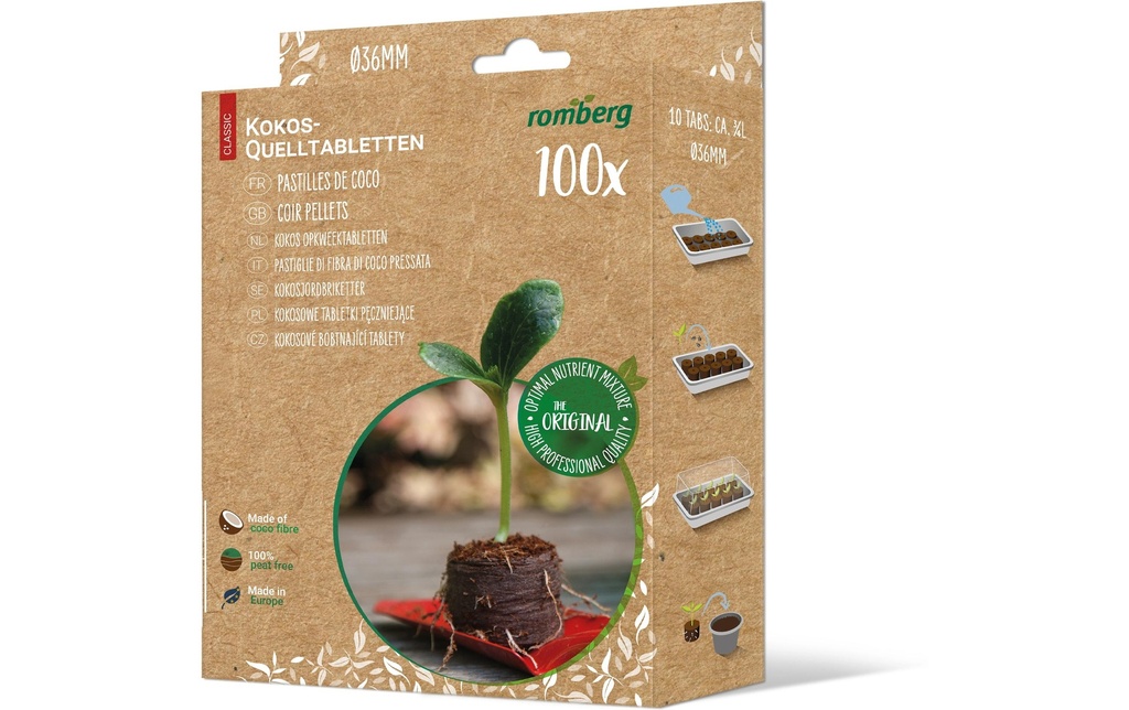 Romberg Pastilles de germination 100 Coco 36 mm Ø, boîtes pliantes