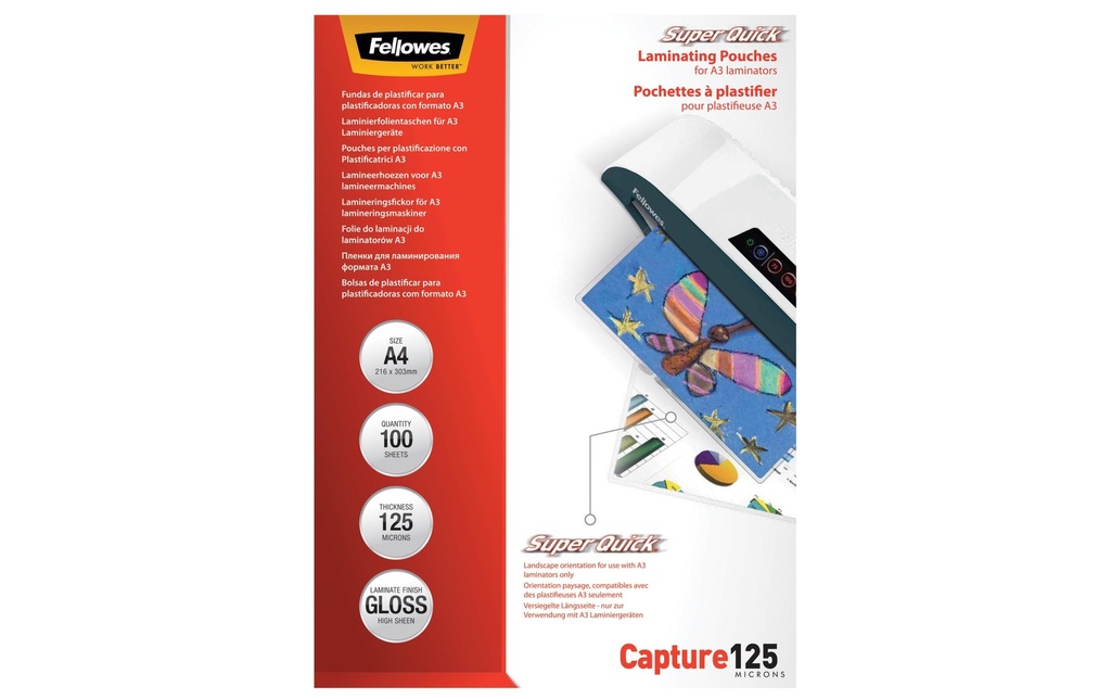 Fellowes Film laminé Superquick A4, 125 µm, 100 pièces, brillant