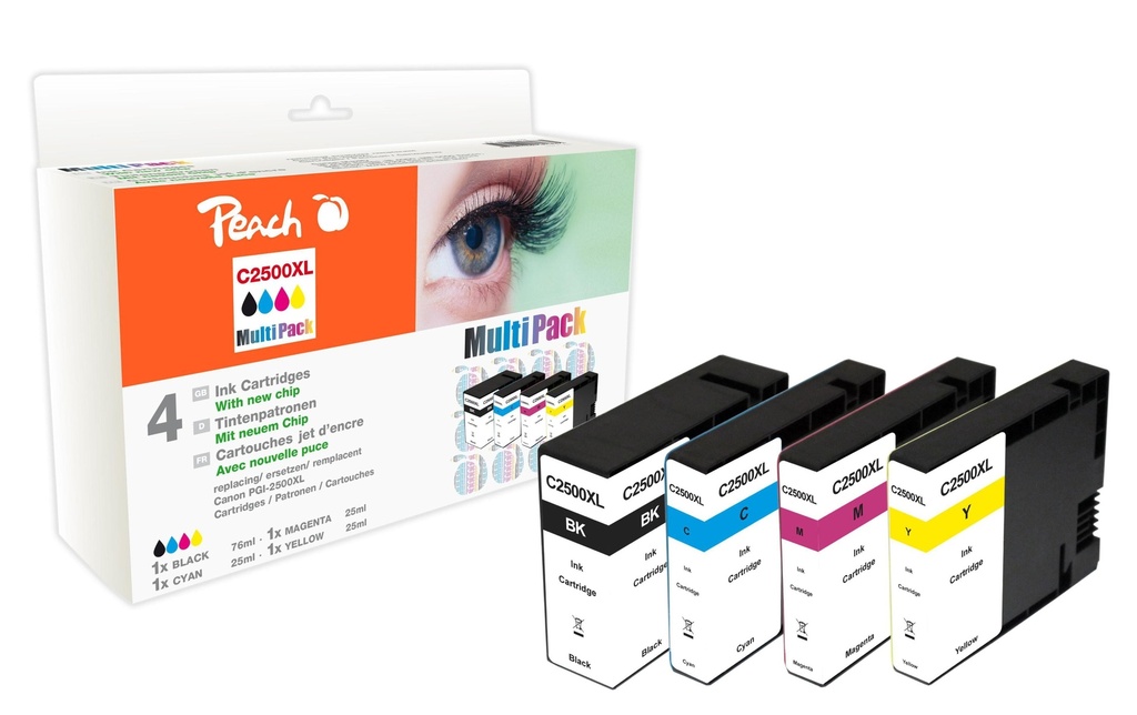 Peach Kits d’encre Canon PGI-2500 BK, C, M, Y