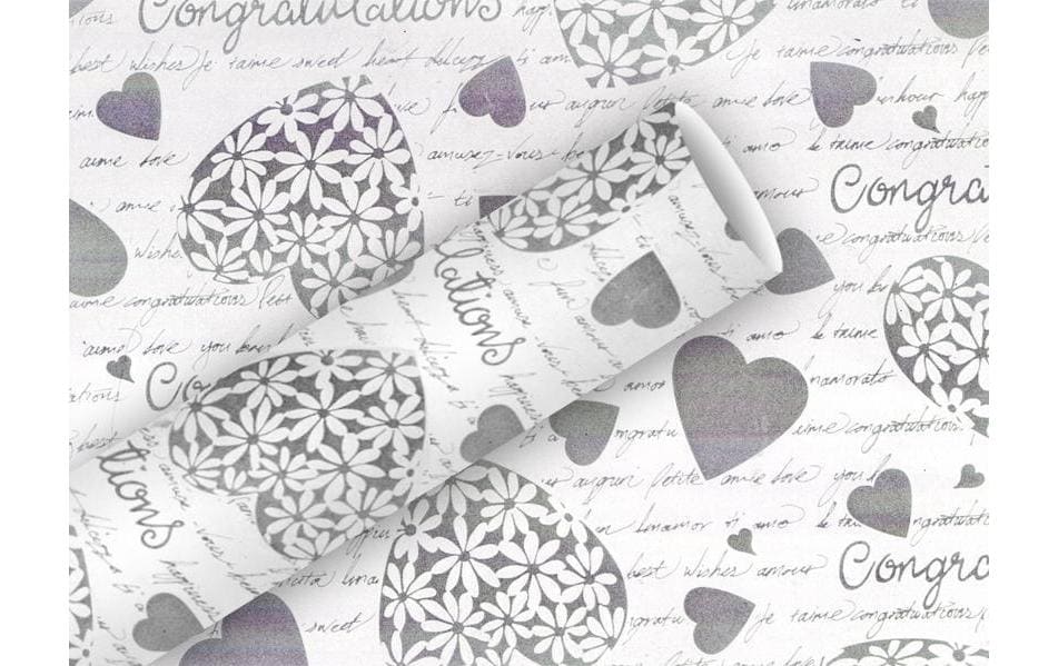 Braun + Company Papier cadeau Elegant Heart Argent, 70 cm x 2 m