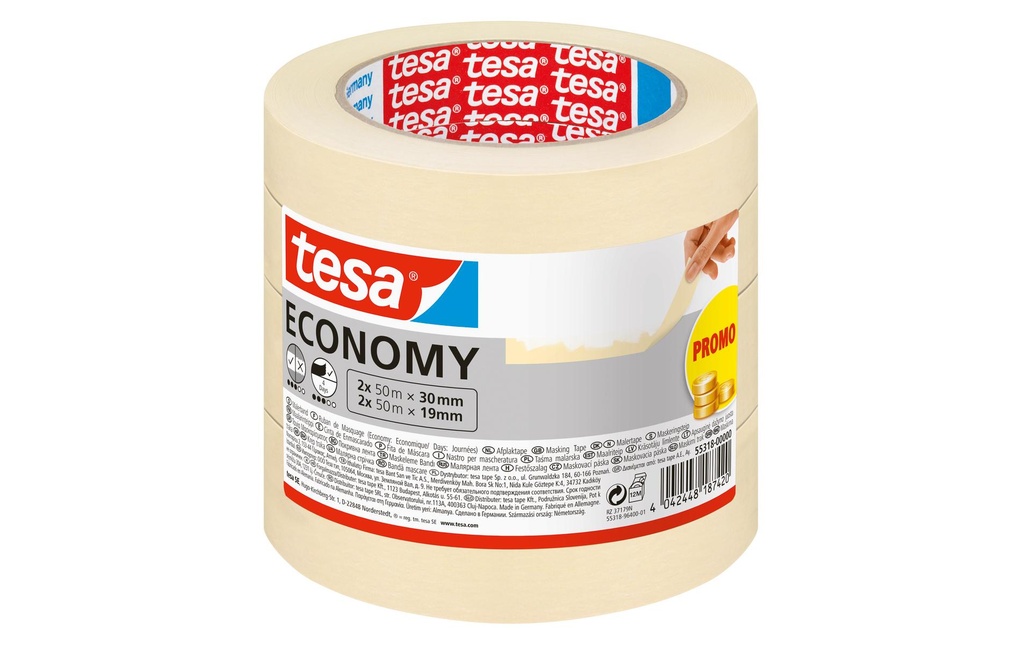 tesa Ruban de masquage Masking Economy, Set 2x 50m x 30mm, 2x 50m x 19mm