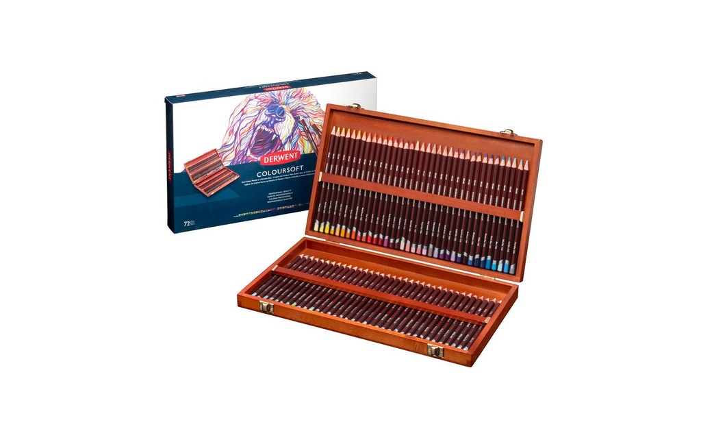 Derwent Set cadeau de crayons de couleur Coloursoft dans une boîte en bois, 72 pièces