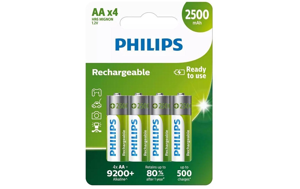 Philips Batterie Rechargeable NiMH AA 2500 mAh, 4 Pièce/s