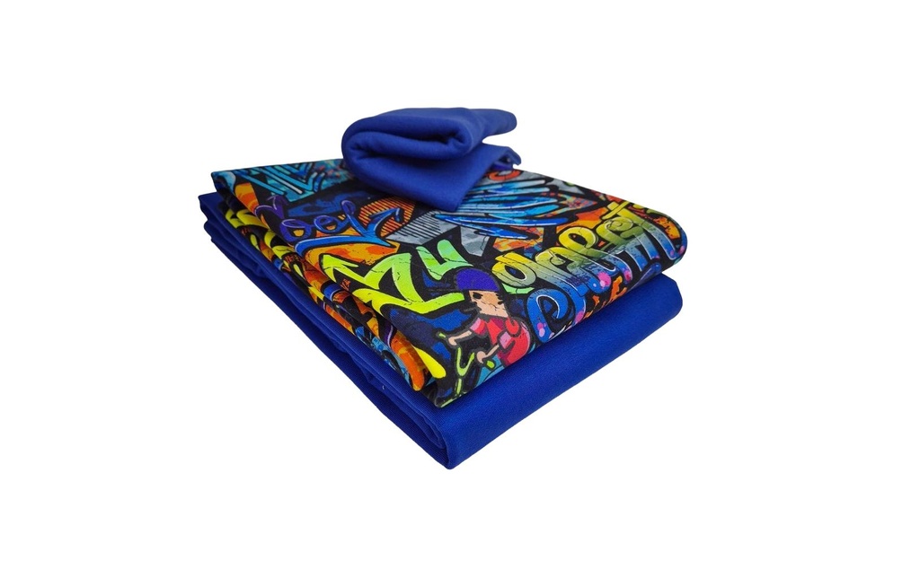 Stoffe Tissu French Terry Graffiti fou 3 pièces, bleu, 2 x 1 m