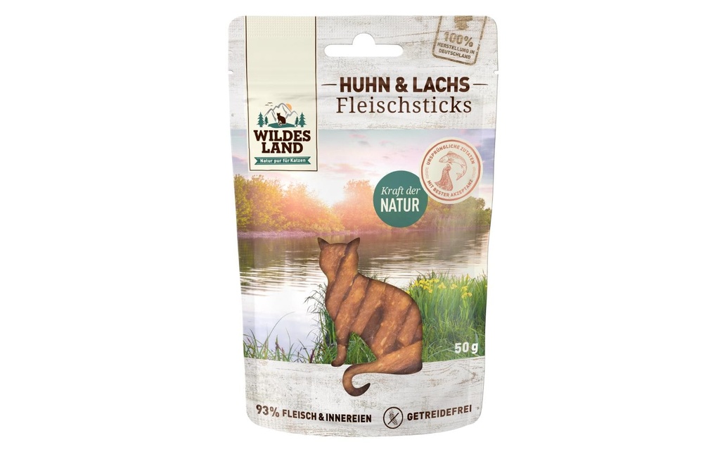 Wildes Land Collation pour chat Bâtonnets de poulet &amp; saumon 50 g