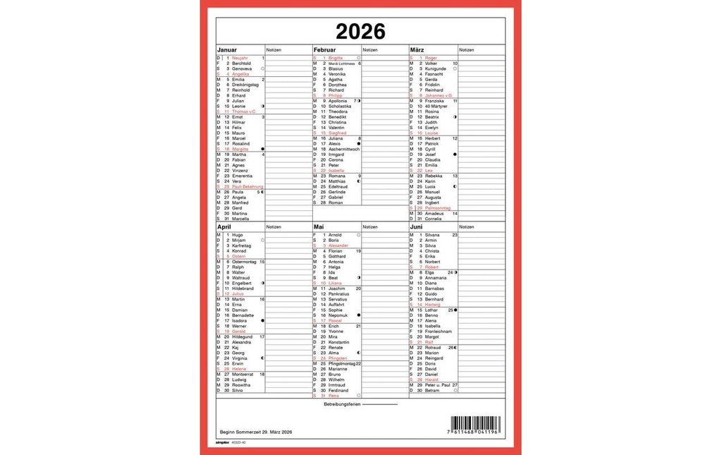 Simplex Calendrier avec les anniversaires A4 portrait, 2026
