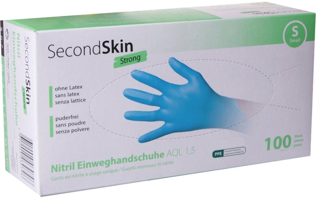 SecondSkin Gant jetable Nitril Strong S, Bleu, 100 Pièce/s