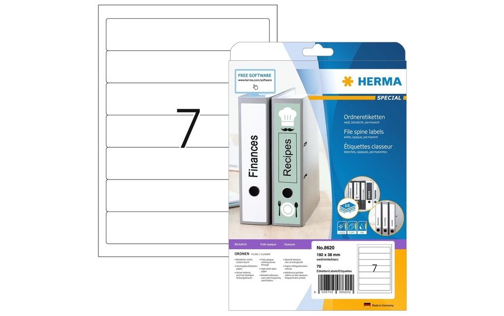 HERMA Étiquettes à classeur 8620 192 x 38 mm permanent, Weiss