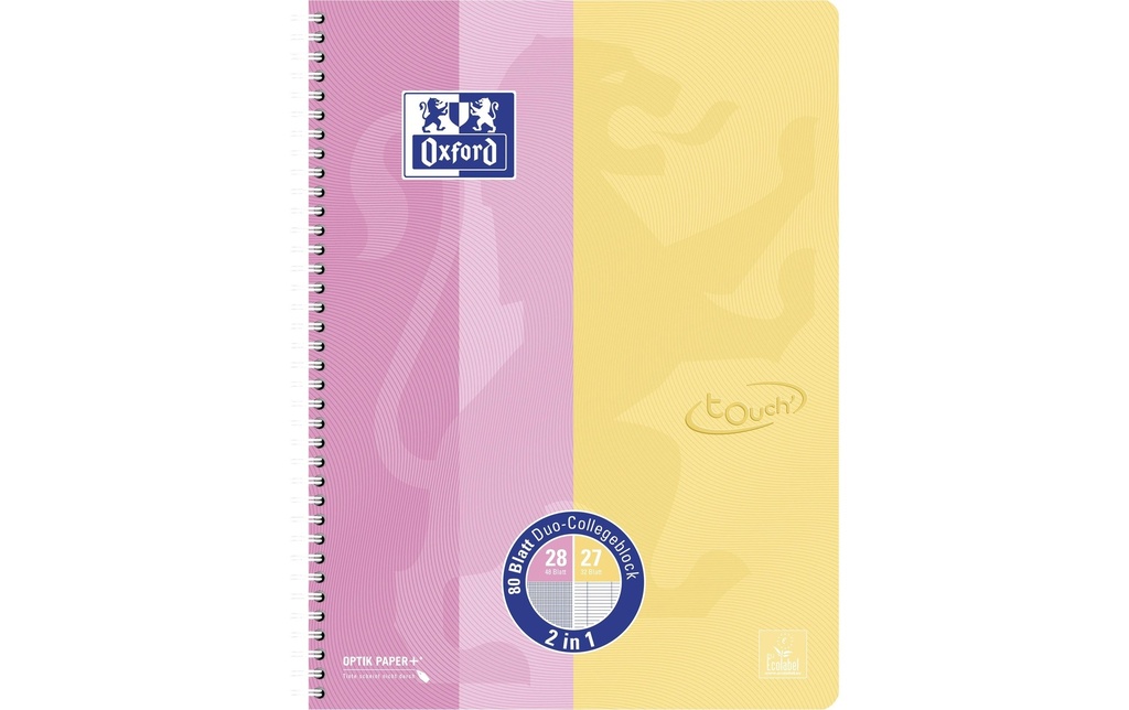 Oxford Carnet de notes Touch A4 +, À carreaux, Jaune/Rose