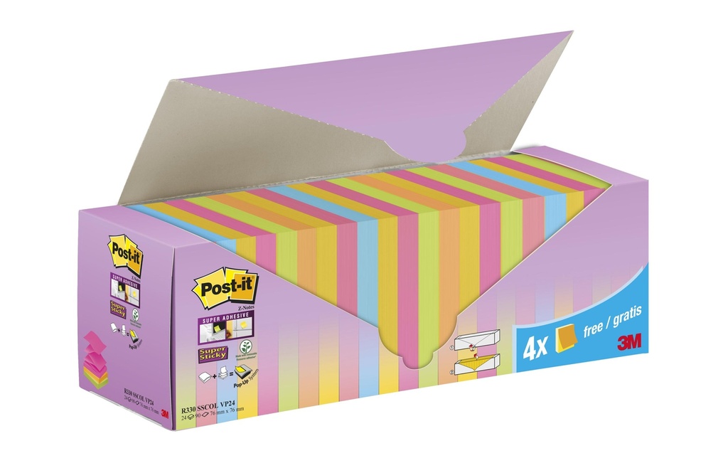 Post-it Fiche de bloc-notes Z-Notes Super Sticky Multicolore, 7,6 x 7,6 cm
