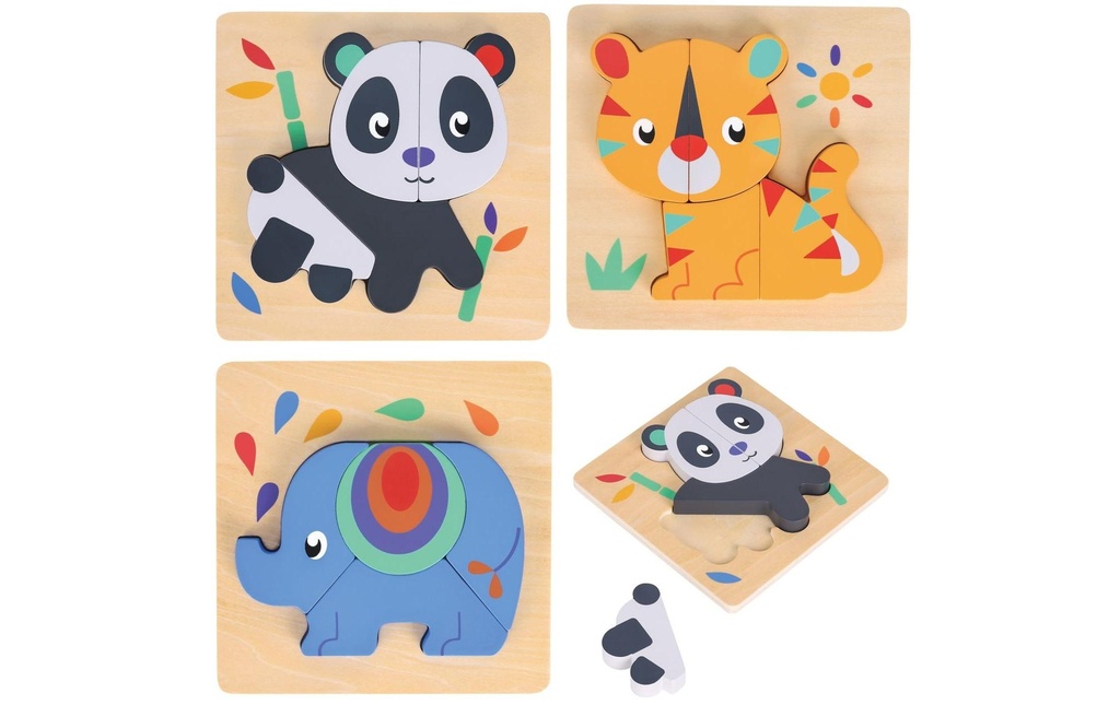 Spielba Holzspielwaren Ensemble de puzzles avec panda, éléphant, girafe