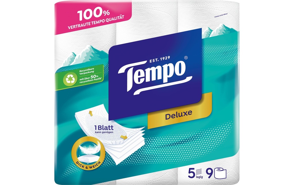 Tempo Papier toilette Deluxe 9 rouleaux, 5 plis, blancs