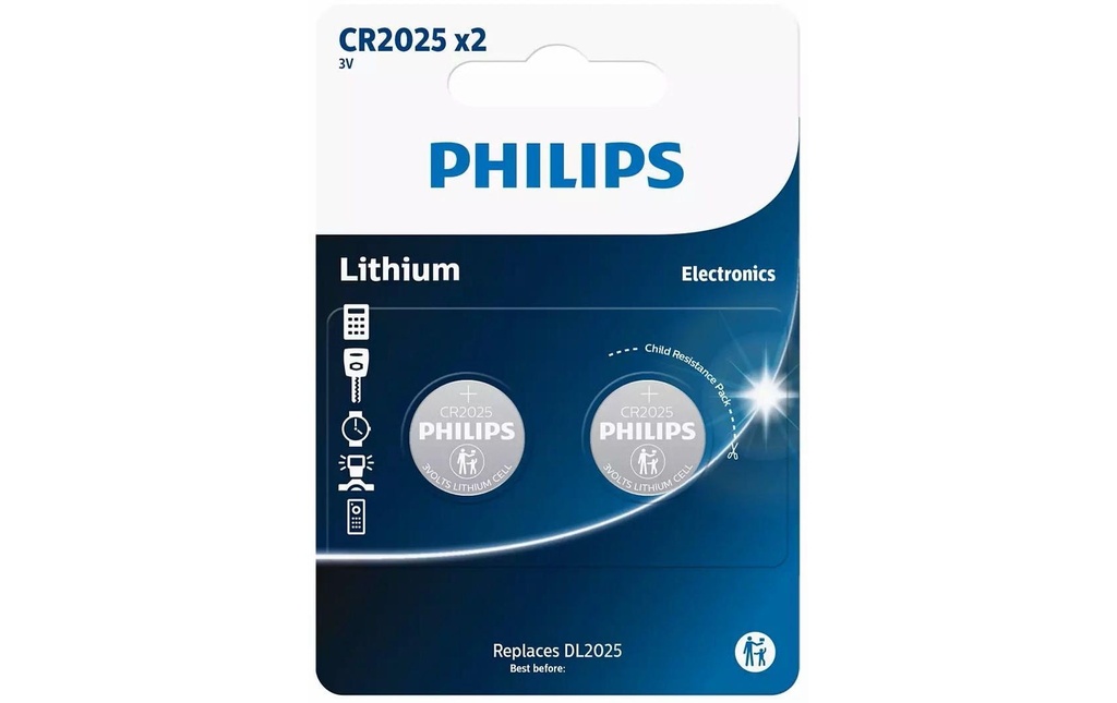 Philips Pile bouton Lithium CR2025 , 2 Pièce/s