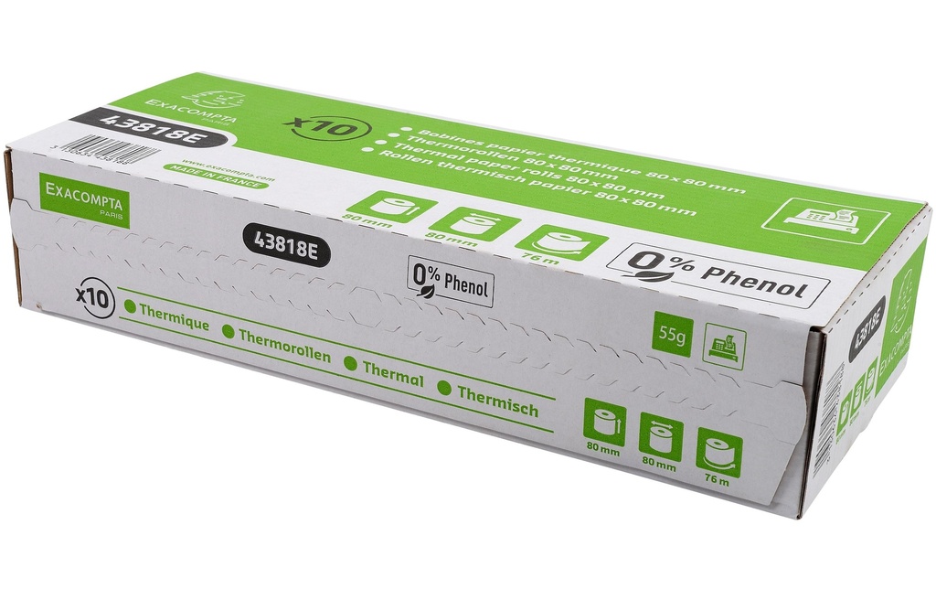 Exacompta Rouleau de papier thermique 80 x 80 x 12 mm, 76 m, 10 pièces