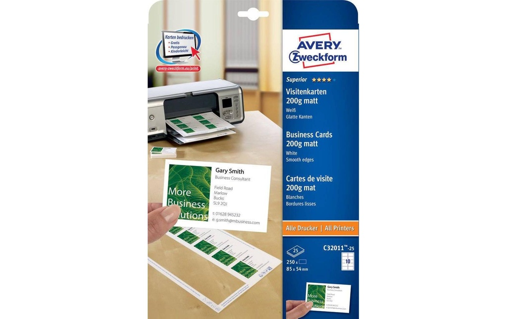 Avery Zweckform Étiquettes de cartes de visite Laser 85 x 54 mm 200 g/m²  250 pièces