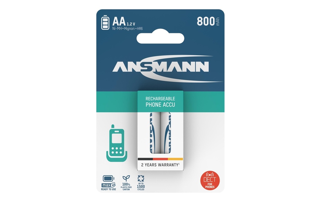 Ansmann Batterie Phone NiMH AA pour téléphones DECT 800 mAh, 2 Pièce/s