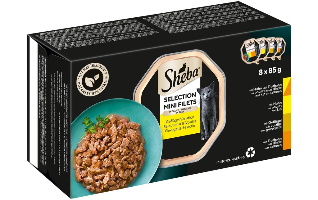 Sheba Alimentation humide Sélection Mini Filets Sauce Volaille, 8 x 85g
