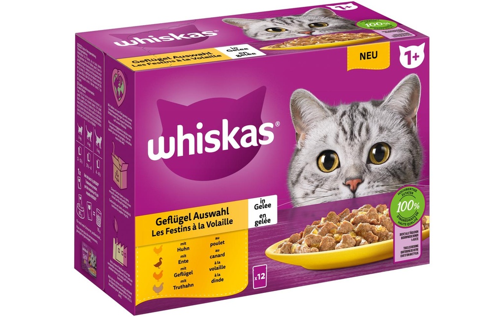 Whiskas Alimentation humide Sélection de volailles en gelée 1+, 12 x 85g