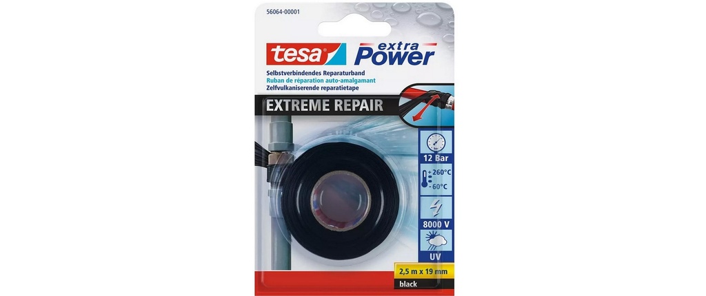 tesa Kit de bandes de réparation 3x extra Power 19 mm x 2.5 m, Noir