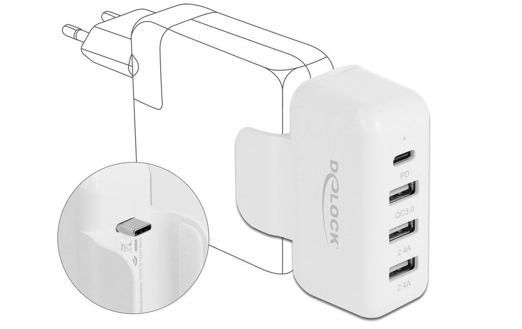 Delock Chargeur mural USB Adaptateur Apple 4xUSB, PD & QC 3.0