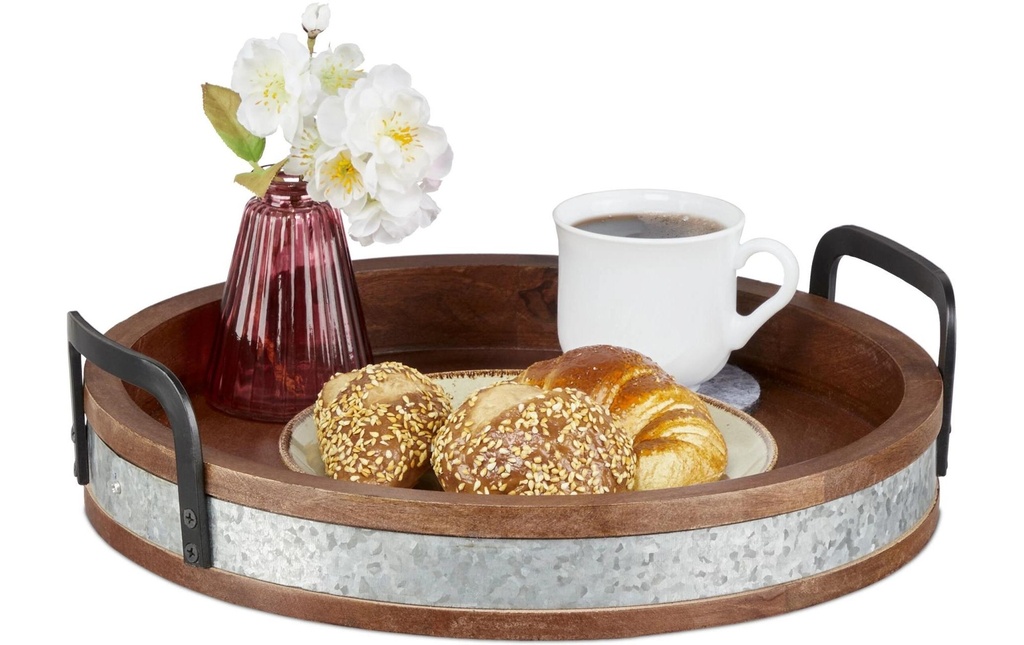 relaxdays Plateau de service Marron/argent/noir