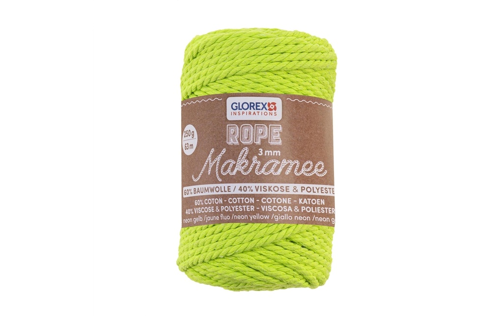 Glorex Laine Macramee Rope torsadé 63 m x 3 mm, 250g, jaune fluo