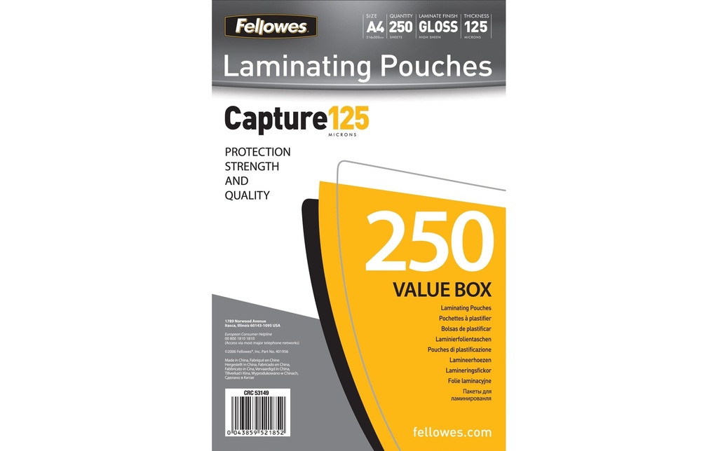 Fellowes Film laminé A4, , 250 Pièce/s, brillant