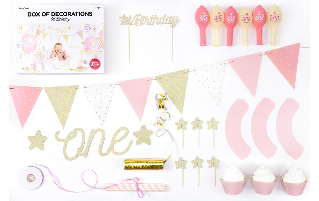 Partydeco Kits de fête 1st Birthday or 9 pièces, or/rose