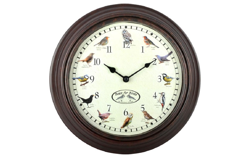 Esschert Design Horloge murale avec des cris d'oiseaux Ø 30.1 cm, brun/blanc