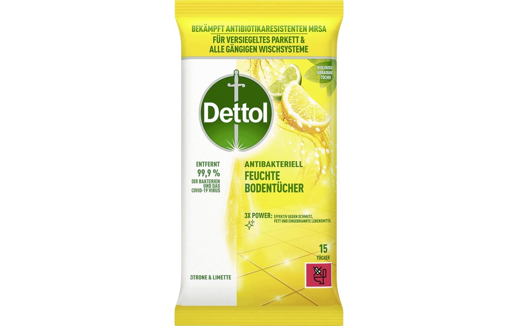 Dettol Chiffons humides pour le sol Citron & citron vert 15 pièces