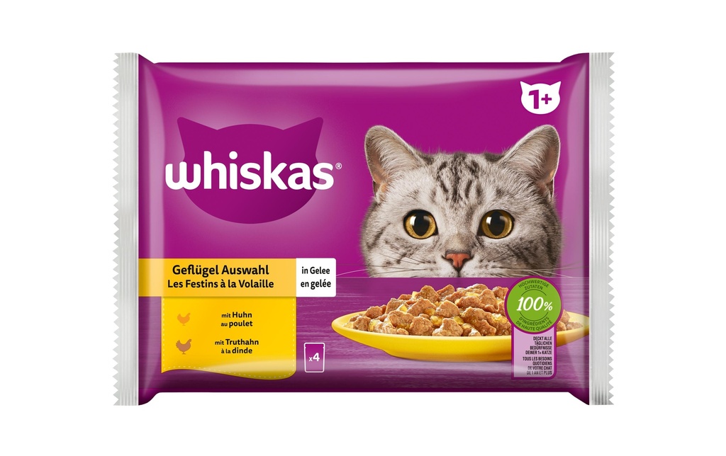 Whiskas Alimentation humide Sélection de volailles en gelée, 4 x 85 g