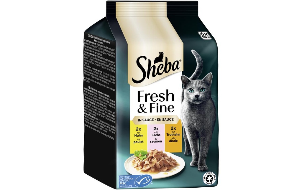 Sheba Alimentation humide Sauce au poulet, au saumon et à la dinde, 6 x 50g