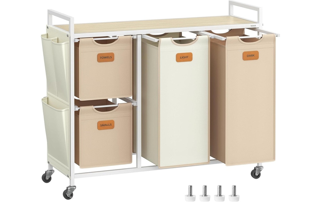VASAGLE Corbeille à linge avec 4 compartiments 150 l, Crème/Camel