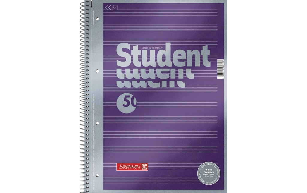 Brunnen Bloc-notes de collège Premium Student Partitions A4, lignées, 50 feuilles