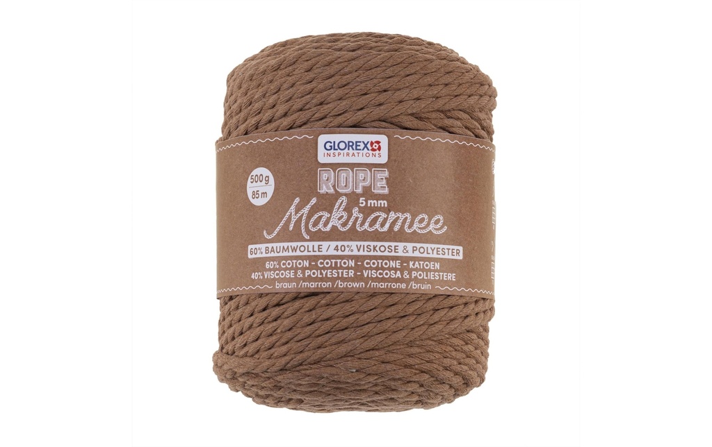 Glorex Laine Macramee Rope torsadé 85 m x 5 mm, 500g, brun