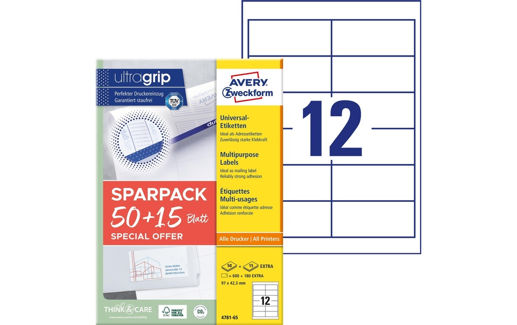 Avery Zweckform Étiquettes universelles 4781-65, 97 x 42.3 mm, 65 feuille