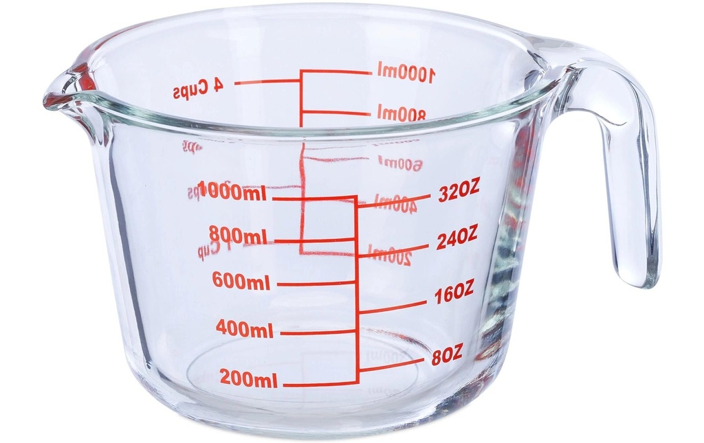 relaxdays Verre mesureur 1 L, rouge/transparent