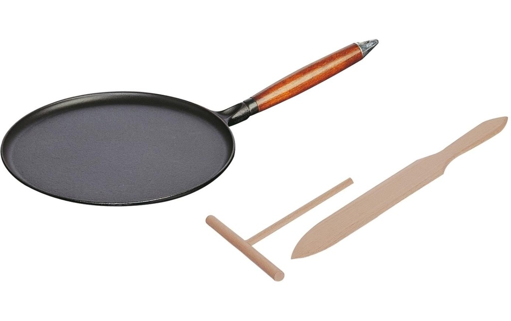 Staub Poêle à crêpes avec manche en bois 3 pièces, 28 cm