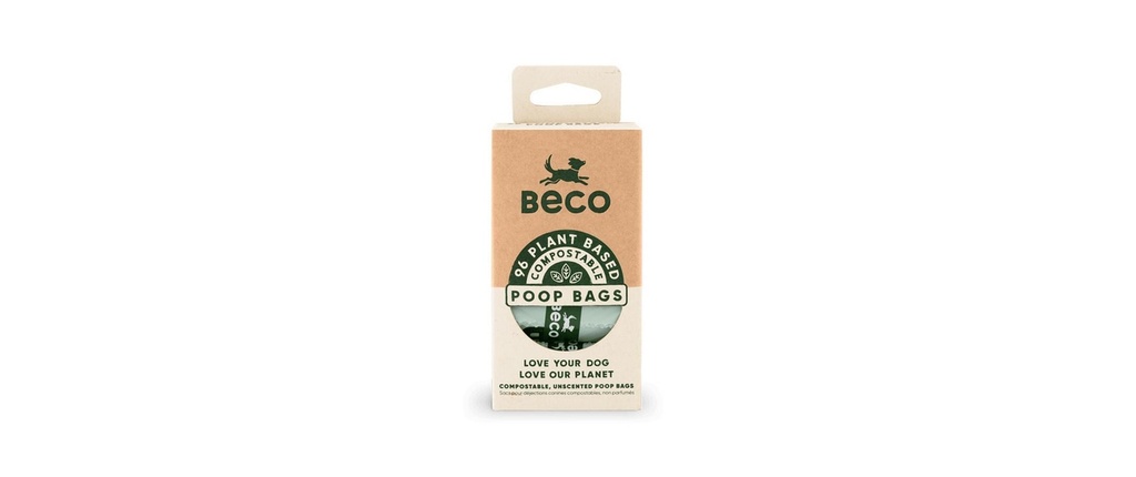 Beco Pets Sac à excréments de chien compostable, avec anse, 96 pièces