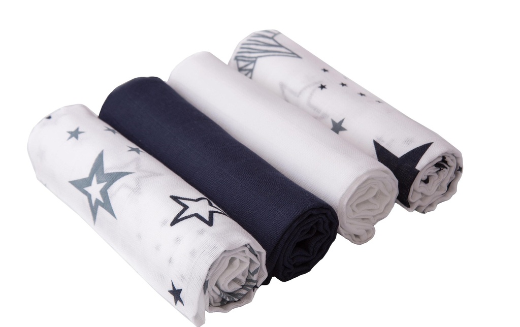 MAKIAN Serviette en gaze 4-er Set 80 x 80 cm Étoiles de la Marine et étoiles blanches