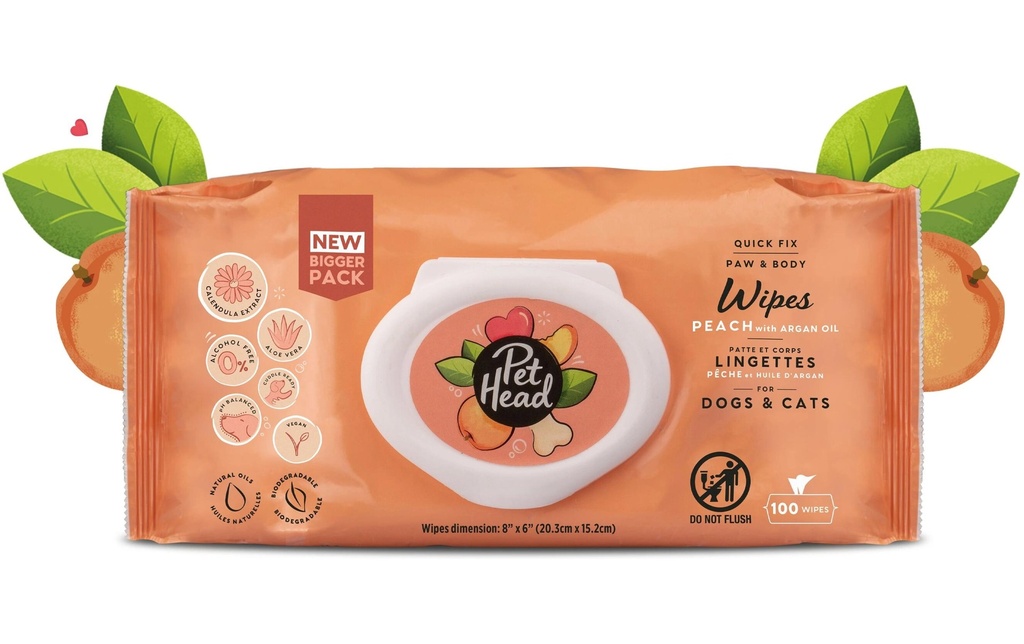 Pet Head Lingettes nettoyantes Quick Fix pour chats et chiens 100 pièces