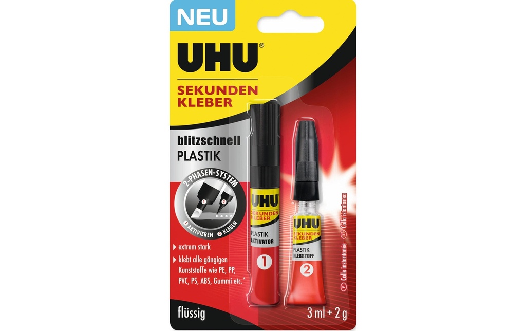 UHU Colle instantanée plastique rapide comme l'éclair 2 g + 3 ml