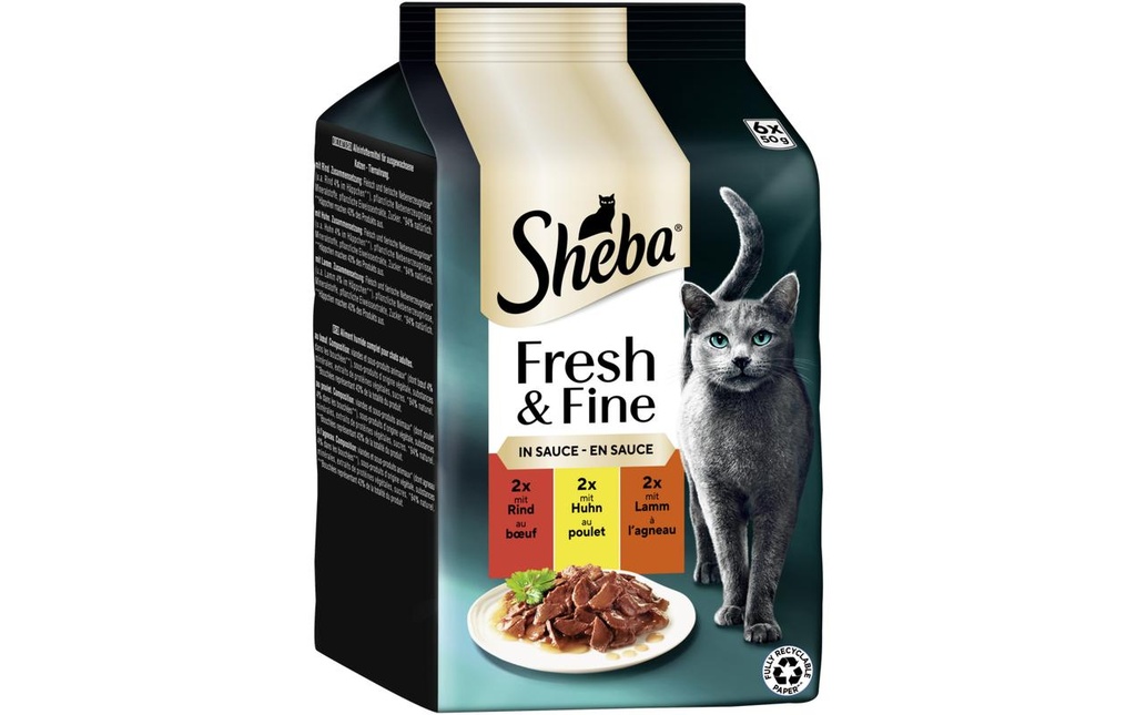 Sheba Alimentation humide Sauce au bœuf, au poulet et à l'agneau, 6 x 50g
