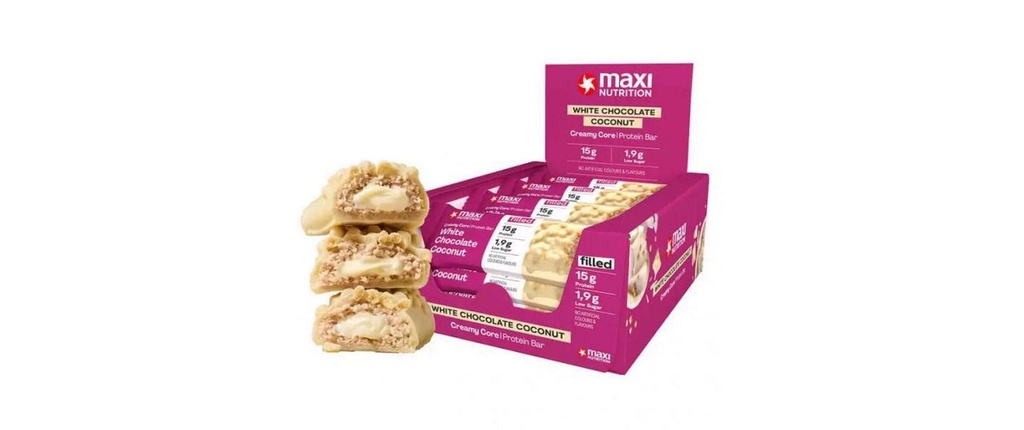 Maxi Nutrition Barre protéinée Creamy Core Chocolat blanc/Coco, 12 x 45 g